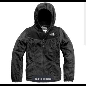 Girls black fuzzy North Face jacket. Size XL/ kids 18.